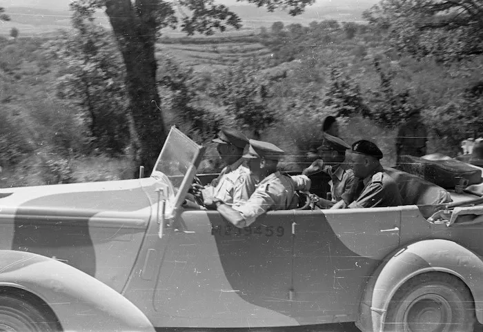 His Majesty King George VI visits 2 New Zealand Division during the advance towards Florence, Italy, during World War II - Photograph taken by George Kaye