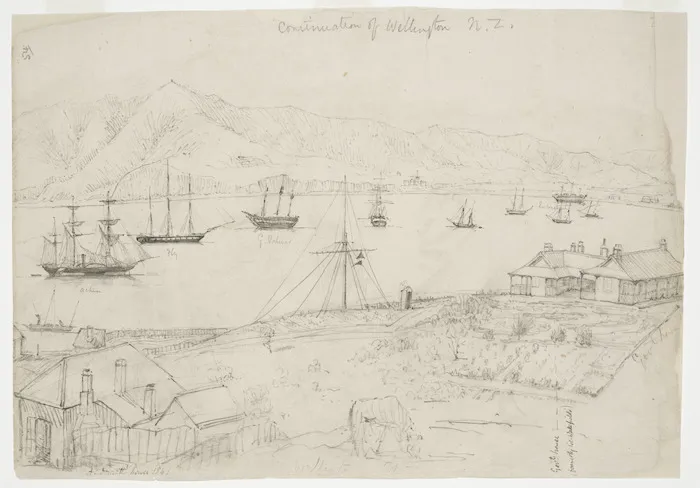 Collinson, Thomas Bernard 1822-1902 :Continuation of Wellington N. Z. A. Domett's house, 1849. Gov[ernmen]t House (formerly Col. Wakefield's). Acheron. Fly. G[eneral]. Palmer. Inconstant.