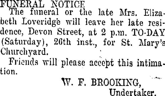 FUNERAL NOTICE. (Taranaki Daily News 26-8-1916)