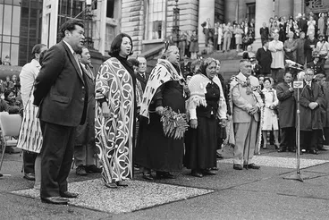 Image: John Miller - 1975 Māori Land March, Parliamentary welcome. Left to right: Matiu Rata, Whetū Tirikātene-Sullivan, Hārata Ria Te Uira Solomon, Sally Marshall, Tarawara Kātene.