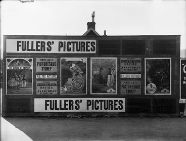 Image: Posters advertising movies soon to be screened by "Fullers' Pictures"