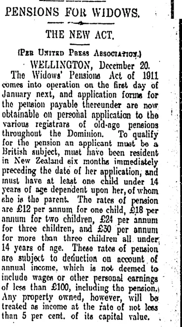 Image: PENSIONS FOR WIDOWS. (Otago Daily Times 21-12-1911)