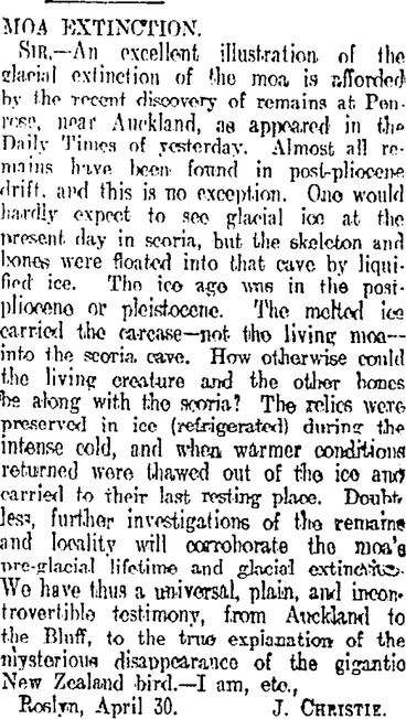 Image: MOA EXTINCTION. (Otago Daily Times 3-5-1909)