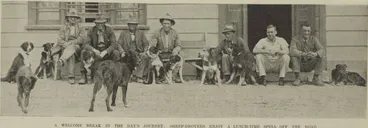 Image: A welcome break in the day's journey: sheep-drovers enjoy a lunch-time spell off the road