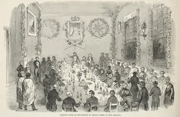 Image: Illustrated London news :Banquet given at Wellington to native chiefs. [Pipitea Street, 1849, from a drawing by Mr J. H. Marriott. London, 1850]