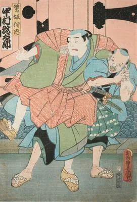 Actors Sawamura Tanosuke III as Koshimoto Okaru, Bandō Hikosaburō V as Hayano Kanpei, and Nakamura Gantarō as Sagisaka Bannai