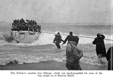 Image: The Wahine's number four lifeboat, which was hand-propelled for most of the way, surges on to Seatoun Beach