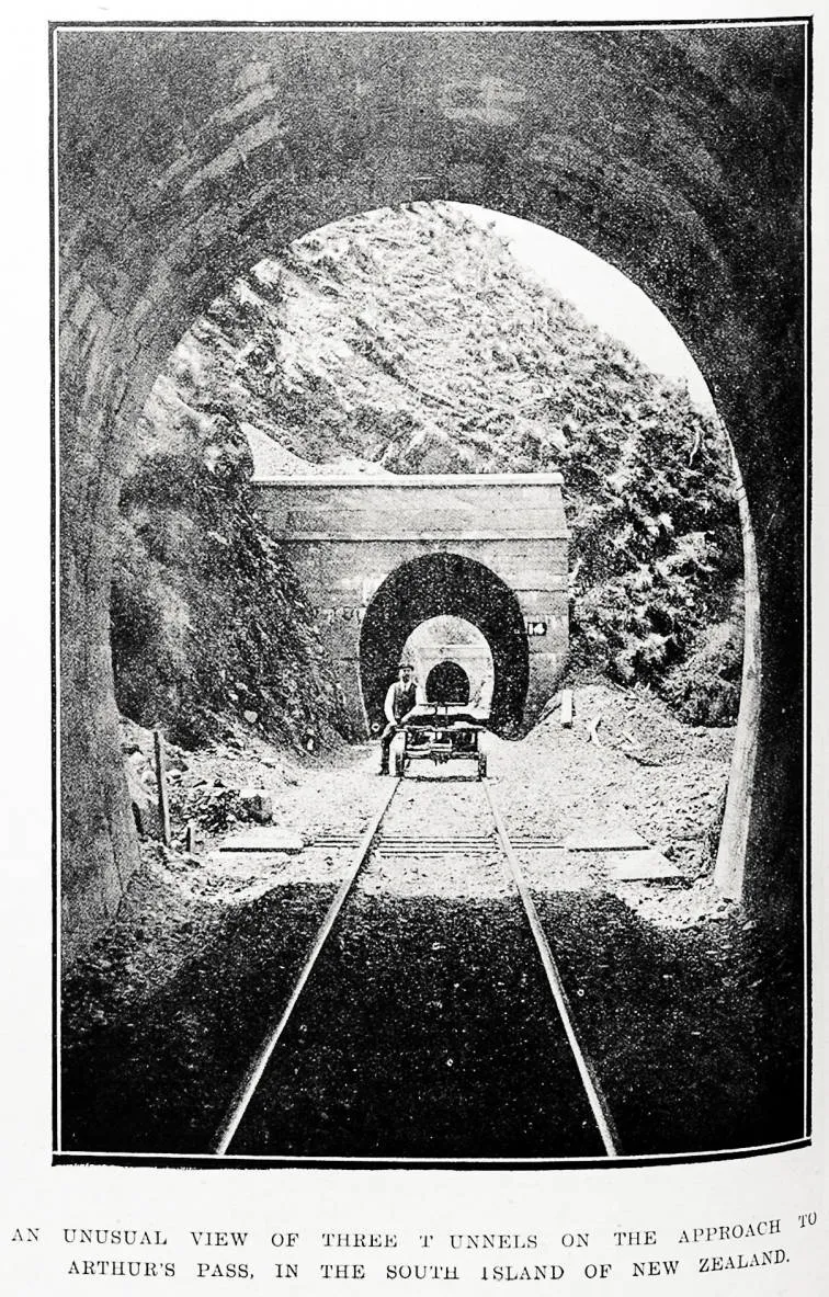 An unusual view of three tunnels on the approach to Arthur's Pass, in the South Island of New Zealand