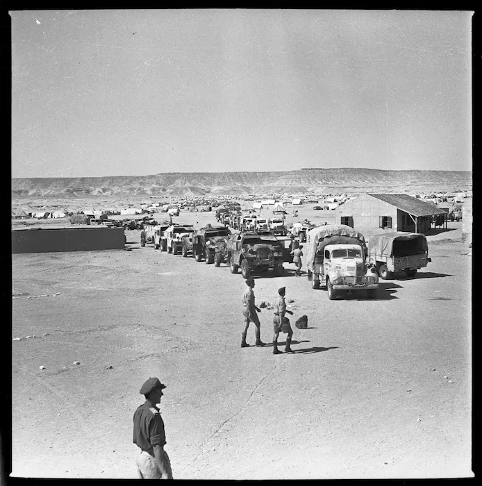 Trucks of the New Zealand Division at the end of the North African campaign, Maadi, Cairo, Egypt, during World War 2 - Photograph taken by H Paton