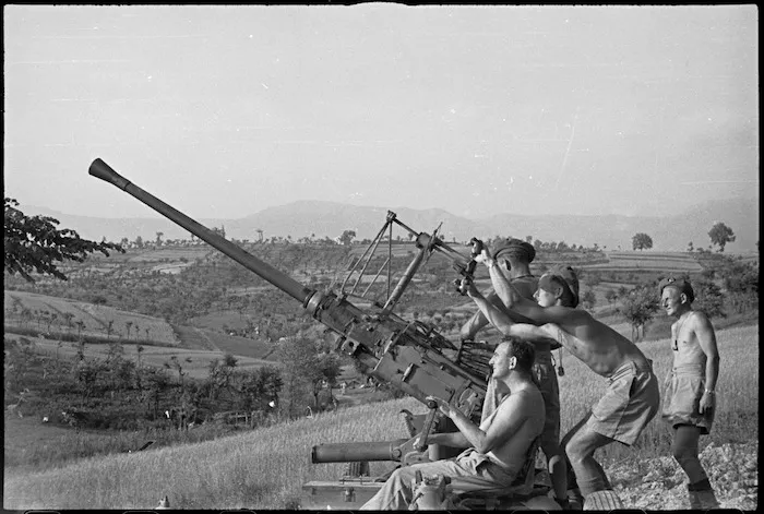 New Zealand anti aircraft gunners ready for action in the Sora area, Italy, World War II - Photograph taken by George Kaye