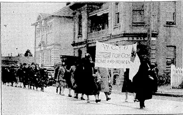 Image: Evening Post" Special Photo Service.1 EXTRAORDINARY PROTEST-BYWOMEN.—More than eighty members of-the,Women's Christian Temperance Union-held a prayer meeting outside the brewery, at Otahuhu yesterday morning. "Lets-hope .that this, place will be turned into ajlourmill, a woollen mill, a milk factory, or-even a church," said Mrs. Lee. Cowie, when, addressing her following outside the brewery. The photograph on the- left .shows : •■■/, "; . ■•■ ihe'W.CT.l]'. party marching through-ijia.streets of Otahuhu, and that on the right;shows,the ladies kneeling in prayer after Mrs: Coivie's address. ' (Evening Post, 06 November 1929)