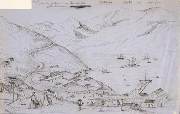 Image: [Fox, William] 1812-1893 :Landing of passengers at Port Lyttleton [Lyttelton] 17 December 1850. Charlotte Jane. Randolph. Cressy. Sir G[eorge] Seymour. Office of the Lyttleton [Lyttelton] Times. [1850 or 1851]
