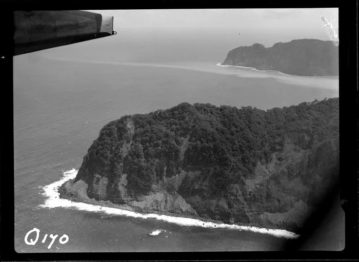 View of the steep bush covered coastline of Raoul Island with Denham Bay beyond, the Kermadec Islands group