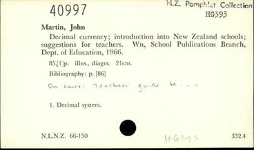 Image: Decimal currency; introduction into New Zealand schools; suggestions for teachers