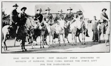 Image: Idle hours in Egypt: New Zealand field engineers on donkeys at Barrage, near Cairo, before the force left for the Dardanelles