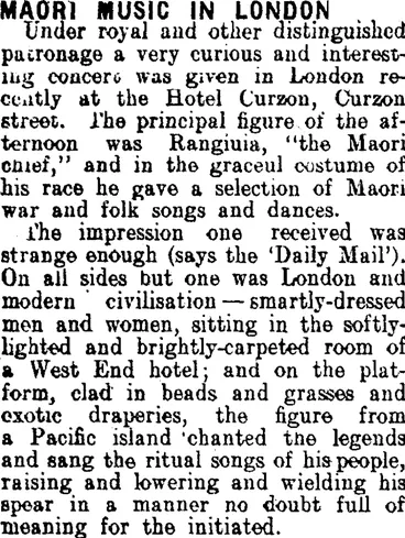 Image: MAORI MUSIC IN LONDON. (Clutha Leader 22-3-1910)