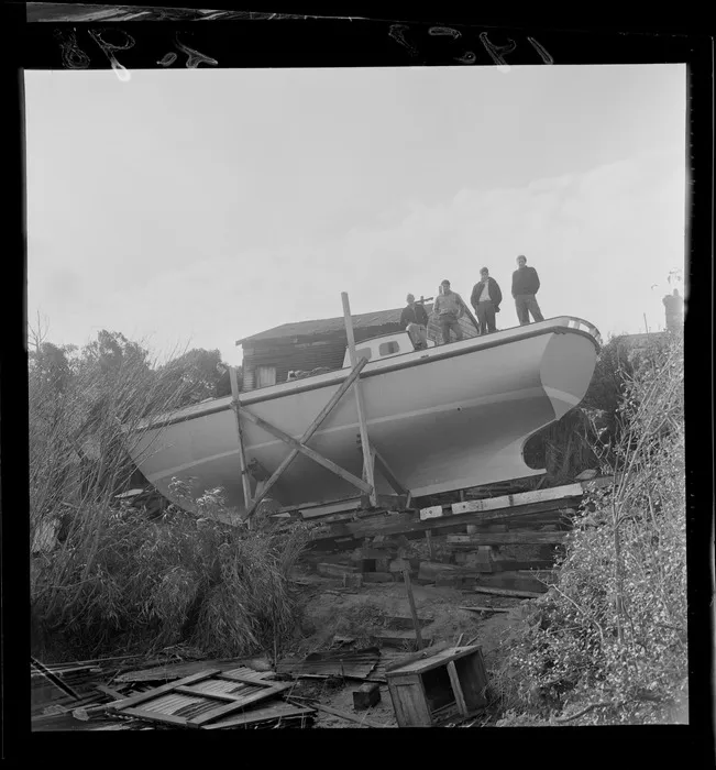 Yacht being built near the Berhampore Golf links, Wellington