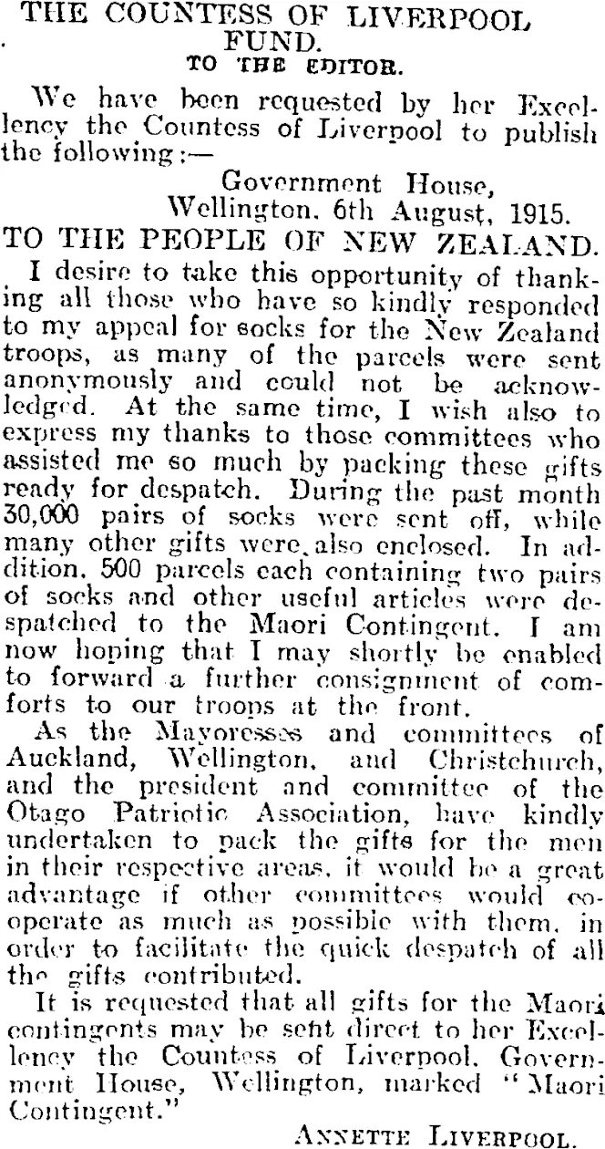 THE COUNTESS OF LIVERPOOL FUND. (Otago Daily Times 9-8-1915)