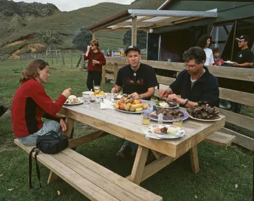 Image: Tongaporutu Coastline - tourists, Gibbs' Farm, 11 October 2003