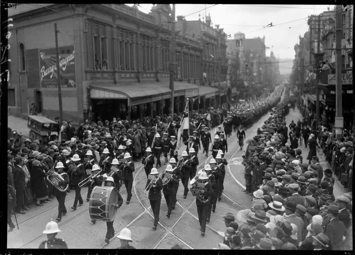Military parade with brass band, Willis St., Wellington