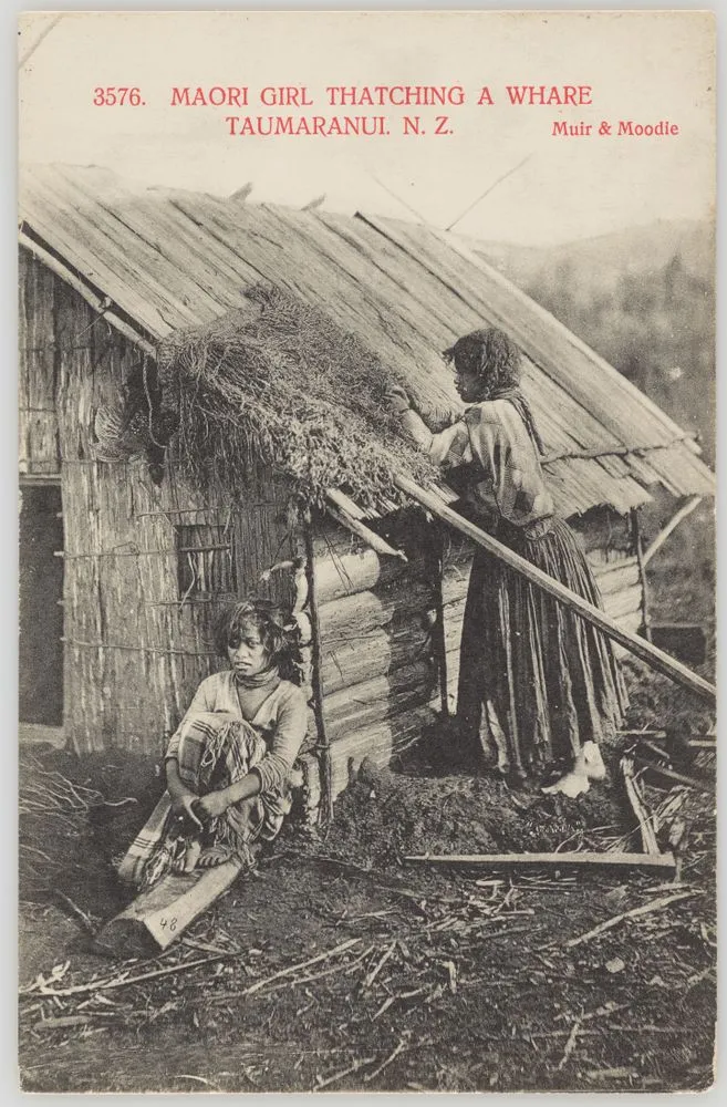 Maori Girl thatching a Whare, Taumaranui, New Zealand