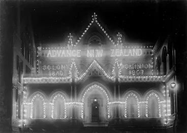 Image: Parliament Buildings, Wellington, illuminated to celebrate Dominion Day