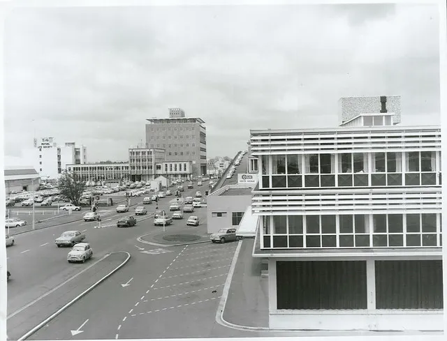 Looking along Anglesea Street, New Zealand Rail Depot on the right, with the new Telephone Exchange building in the centre, Hamilton