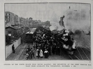 Image: OPENING OF THE NORTH ISLAND MAIN TRUNK RAILWAY: THE DEPARTURE OF THE FIRST THROUGH MAIL TRAIN FROM AUCKLAND FOR WELLINGTON, NOVEMBER 9, 1908