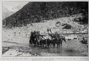 Image: ON THE ROAD TO THE GREAT OTIRA TUNNEL: A COACH FROM BROKEN RIVER CROSSING A ROADSIDE TORRENT NEAR OTIRA, ON THE MIDLAND RAILWAY ROUTE, SOUTH ISLAND, N.Z.