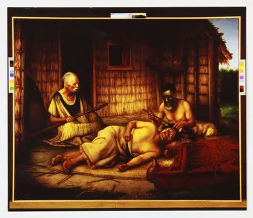Image: Warrior receiving moko (colour proof print of Lindauer painting "Tohunga ta moko at work", 1915)