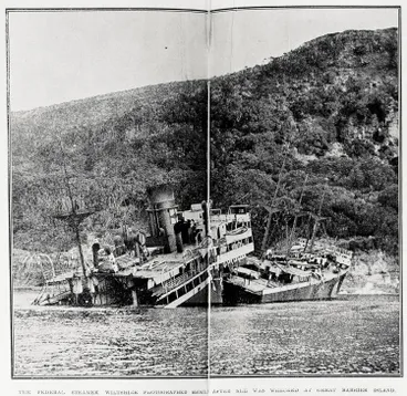 Image: The Federal Line steamer Wiltshire photographed shortly after she was wrecked at Great Barrier Island