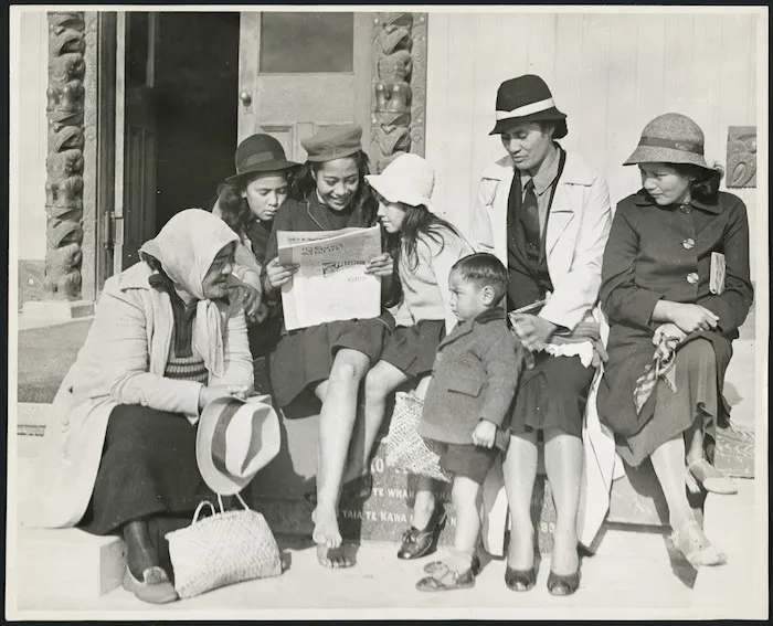 Group of women and children at Te Poho-o-Rawiri Marae, Kaiti, Gisborne