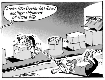 Image: Smith, Ashley W, 1948- :News; "Looks like Buster has found another shipment of those pills." 14 August 2013
