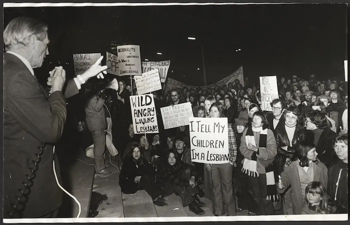 Member of Parliament Gerald Wall addressing homosexual law reform supporters, Parliament grounds, Wellington, New Zealand