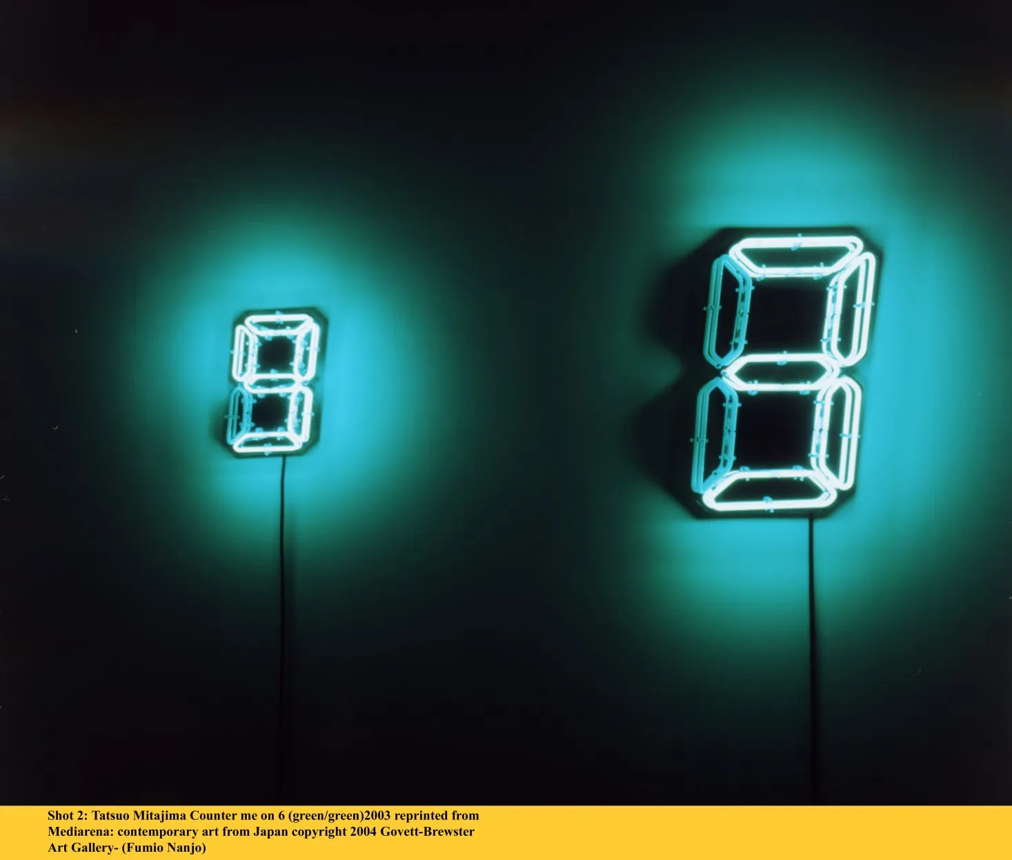 Shot 2: Tatsuo Mitajima Counter me on 6 (green/green) 2003 reprinted from Mediarena: contemporary art from Japan copyright 2004 Govett-Brewster Art Gallery - (Fumio Nanjo)