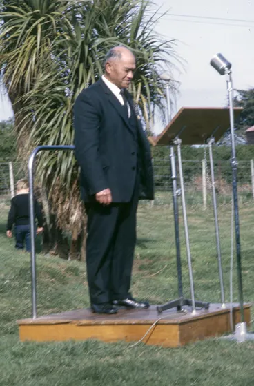 Battle of Turuturu Mōkai centennial, male speaker, Hāwera Image: Battle of Turuturu Mōkai centennial, male speaker, Hāwera