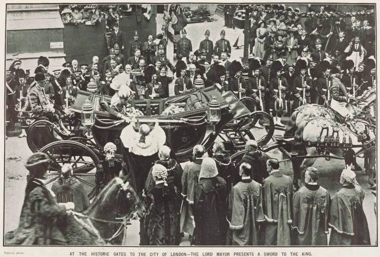 At the historic gates to the City of London - the Lord Mayor presents a sword to the King
