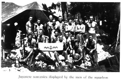 Japanese souvenirs displayed by the men of the squadron