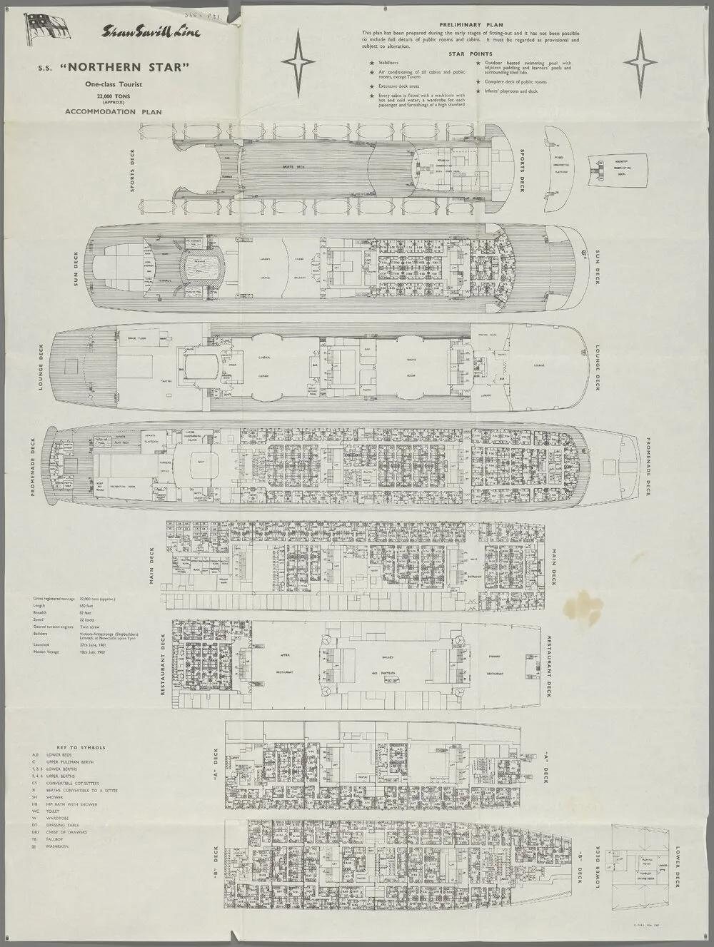 "Shaw Savill Line s.s. "Northern Star" One-class Tourist"