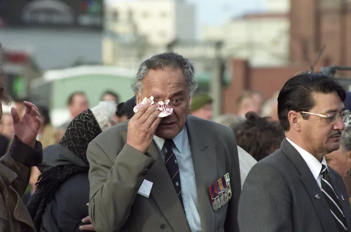 Tom Tuhiwai at the powhiri for Vietnam veterans, Taranaki Street Wharf, Wellington, part of Parade '98 - Photograph taken by John Nicholson