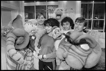 Image: Peter Jackson and producers of the "Meet the Feebles" with puppets from the movie