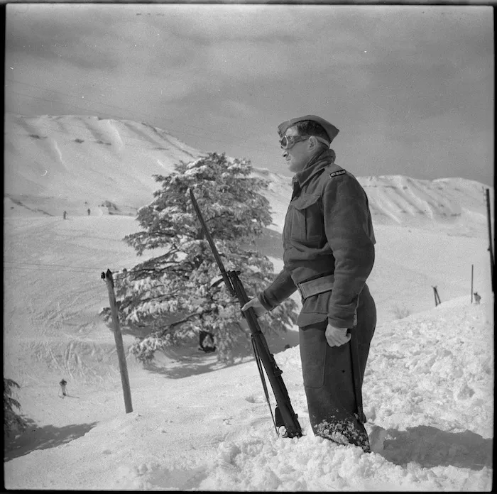 Sentry deep in the snow at the Ninth Army Ski School, Lebanon - Photograph taken by M D Elias