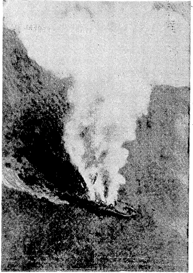 A Japanese ferry-boat reduced to a smoking ruin after attack by American 3rd Fleet carrier aircraft in the strait between Hokkaido and Honshu. (Evening Post, 15 August 1945)