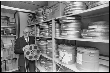 Image: Chief film censor Arthur Everard with reels of film - Photograph taken by Merv Griffiths