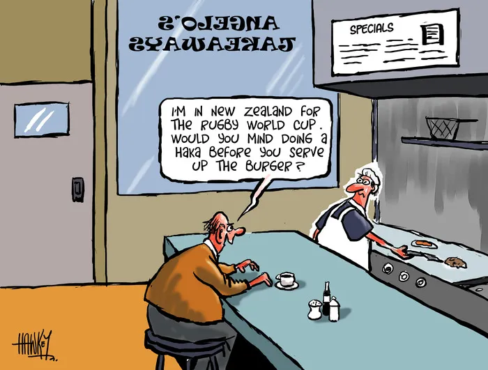 Hawkey, Allan Charles, 1941- :'I'm in New Zealand for the Rugby World Cup. Would you mind doing a haka before you serve up the burger?' 27 September 2011