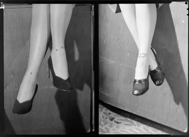 Image: Feet modelling high heeled shoes & jewelled stockings [two images]