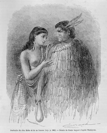 Image: [Merrett, Joseph Jenner] 1815-1854 :Portraits du chef Heke et sa femme. Dessin de Emile Bayard; d'apres Thomson; gravé par Pannemaker. [1845, 1859] [1865]