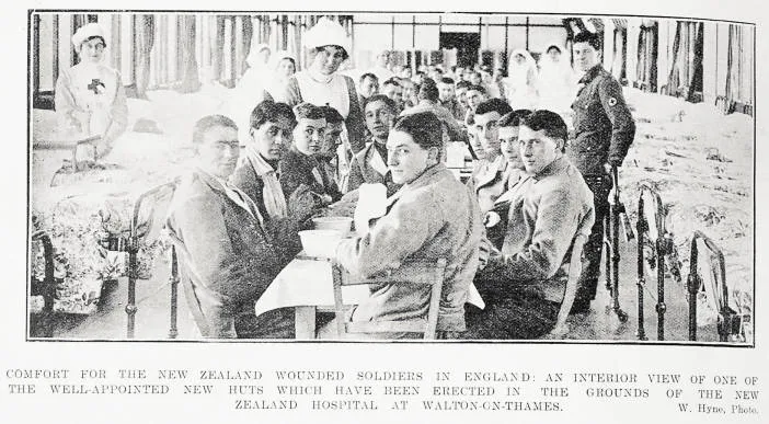 Comfort for the New Zealand wounded soldiers in England: an interior view of one of the new huts at the New Zealand hospital at Walton-on-Thames