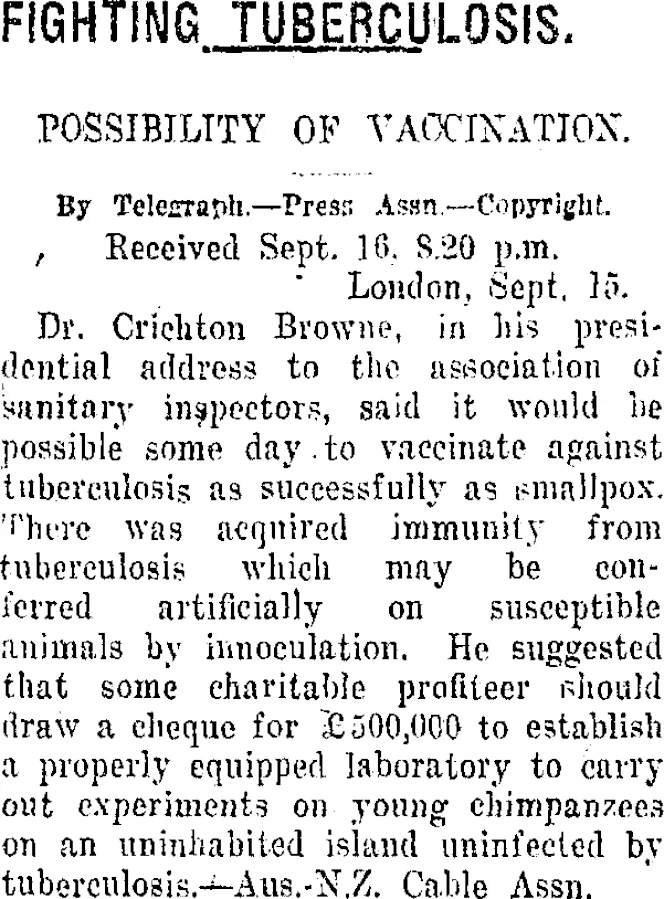 FIGHTING TUBERCULOSIS. (Taranaki Daily News 17-9-1920)