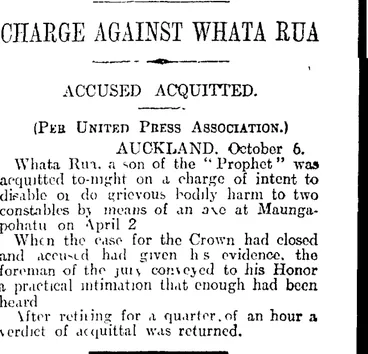 Image: CHARGE AGAINST WHATA RUA (Otago Daily Times 7-10-1916)